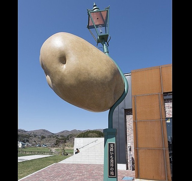 【実在】ジャガイモが街灯に衝突したオブジェ、雑コラに見えると話題に 北海道   「地球外にある男爵いもの小惑星が、地球に落下してきた」という設定