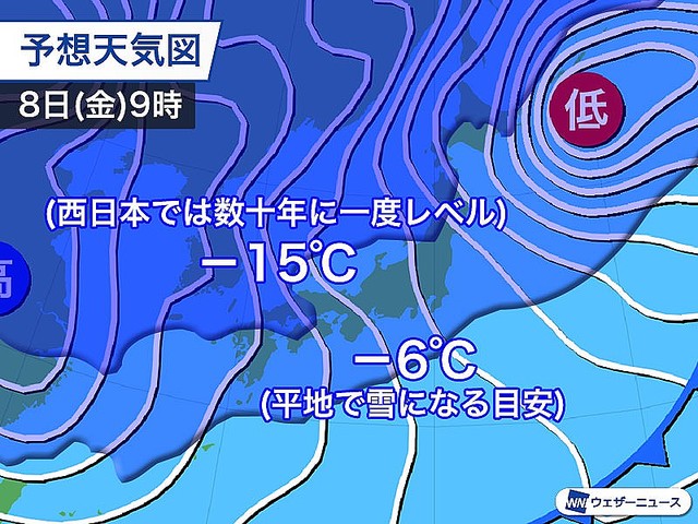 【8～10日】年越し寒波を上回る「大寒波」厳重警戒   爆弾低気圧が通過した8日（金）は、西高東低の冬型気圧の配置になり、西日本では数十年に一度レベルとなる非常に強い寒気が南下する可能性があります