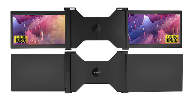 【2月より】ノートPCの画面を一気に2つ増やせる「モバイルデュアルディスプレイ」発売 手持ちのラップトップのディスプレイ背面に設置することで、左右に11.6インチ/フルHD解像度の画面を拡張できる