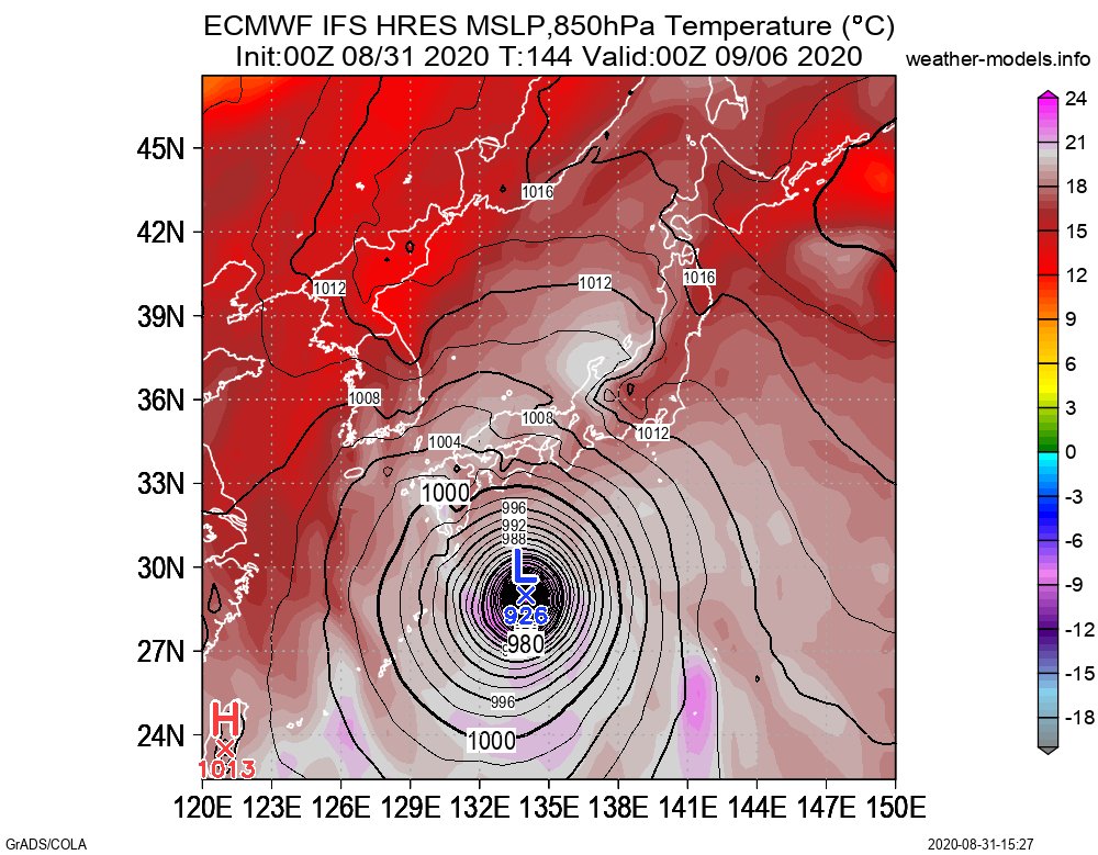 欧米の予測データによると、9月6~7日ごろに伊勢湾台風など歴史的な勢力で西日本を直撃する進路になっています
