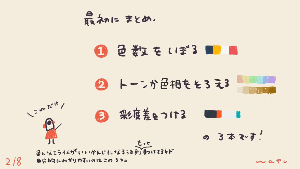 偉そうな感じだし、慣れてるsky絵描きさんには全然物たらない内容だと思うけど、超初心者さんの色選びのきっかけくらいにはなればなと…そんなとこを目指しました(1/2)