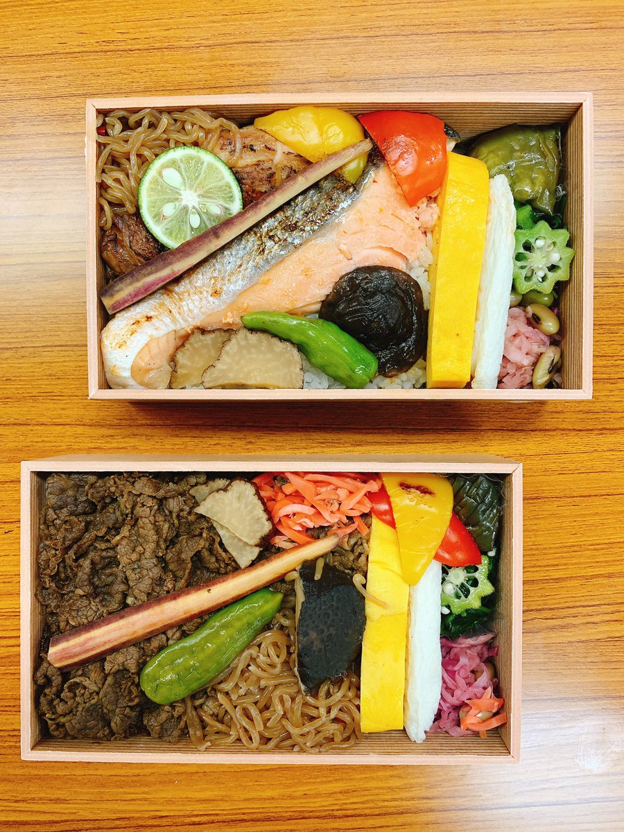 牛時雨弁当と銀鮭弁当の2種類✨ どちらも贅沢な上に栄養もたっぷりで… みんな美味しくいただきました❣️ 星野さん、 ありがとうございました