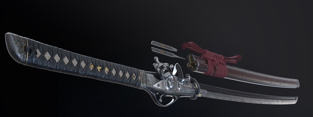  日本刀と銃を合体させてみました 作ってみて思ったことは「分けた方が何かと都合がいいな」でした でもこういうのが大好きなのだから仕方ない 長年ぼんやりと考えていたものを形にできたからスッキリした