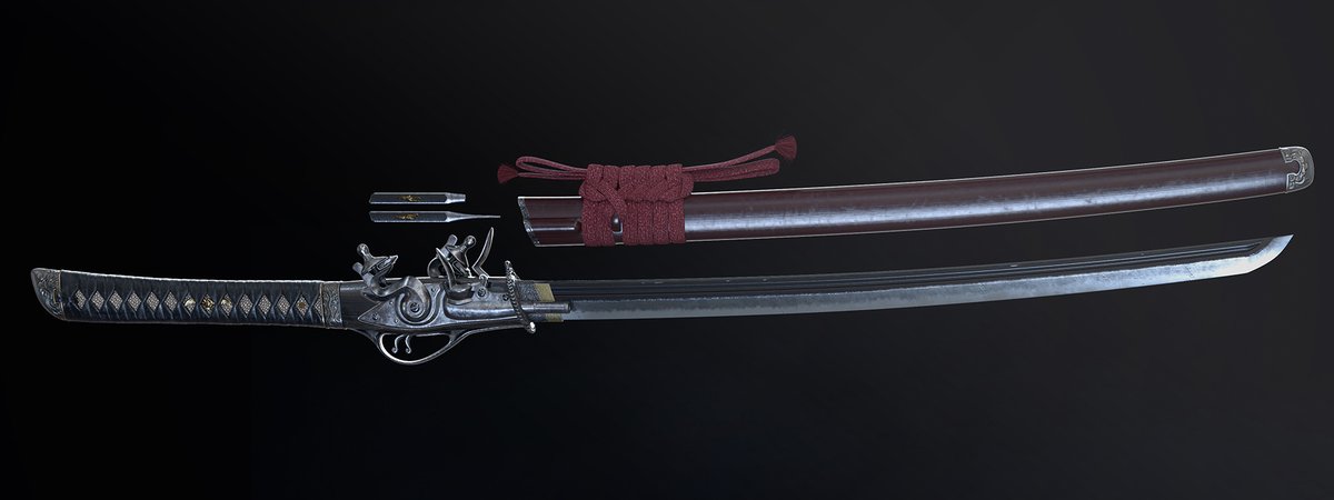  日本刀と銃を合体させてみました 作ってみて思ったことは「分けた方が何かと都合がいいな」でした でもこういうのが大好きなのだから仕方ない 長年ぼんやりと考えていたものを形にできたからスッキリした