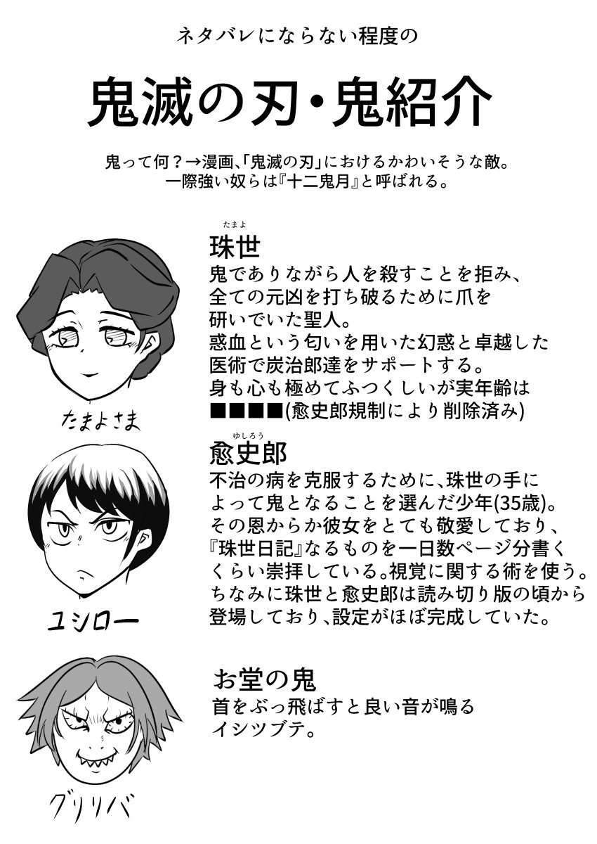 ネタバレを控えた鬼滅の刃の鬼(アニメ登場済みのみ)のまとめです