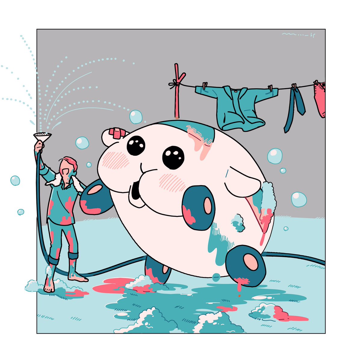 ゾンビ撮影後に戯れるシロモと飼い主 