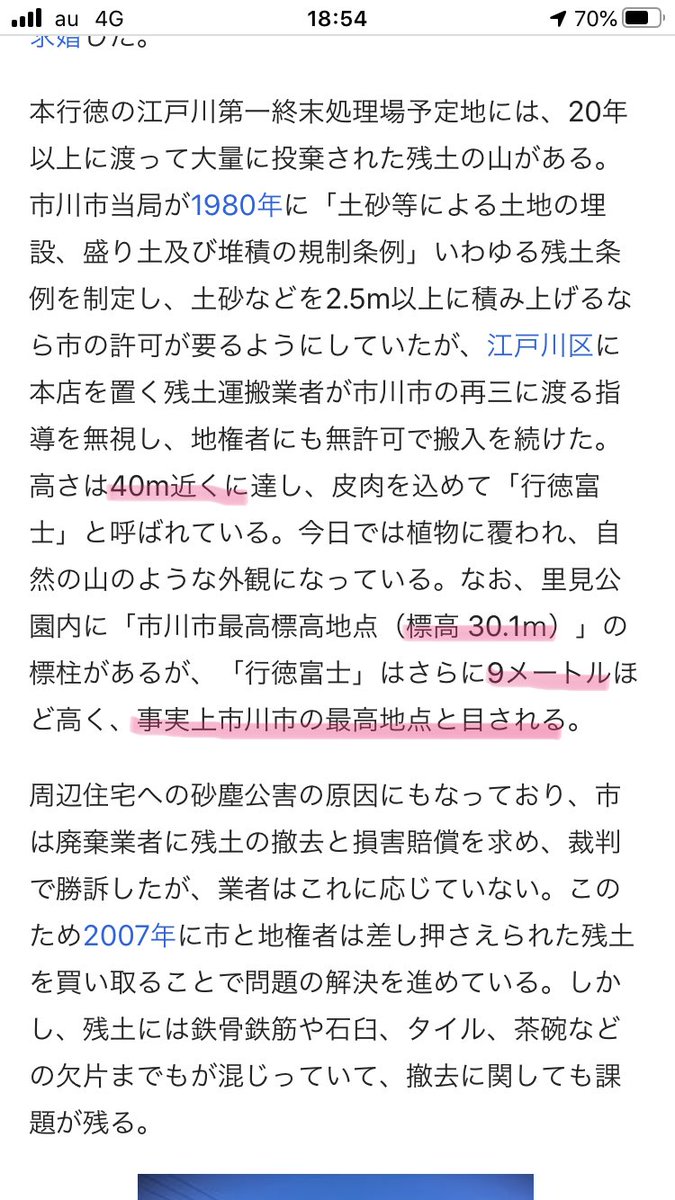 千葉県市川市のR357沿い・江戸川放水路の近くに不法投棄物でできた通称「行徳富士」っていう丘があるんだけど、あまりに盛られすぎたおかげで事実上市川市の最高標高地点と目されてて不名誉にも程がある