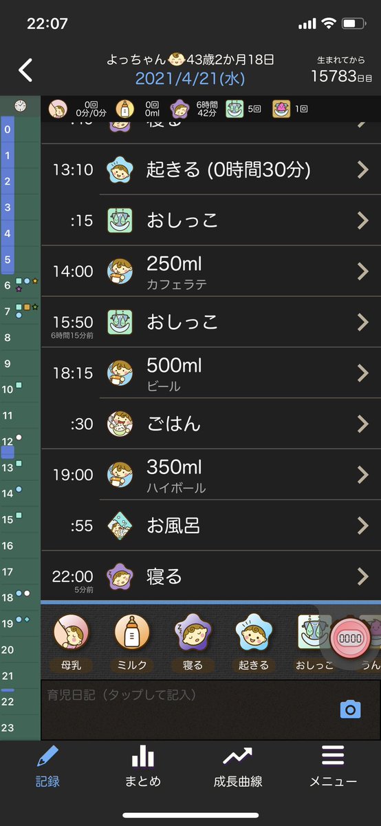 夫が健康のために自分の生活リズムを可視化したいとの理由でぴよログに第二子として記録しはじめた…イカれてる… 43歳2ヶ月18日…(困惑 