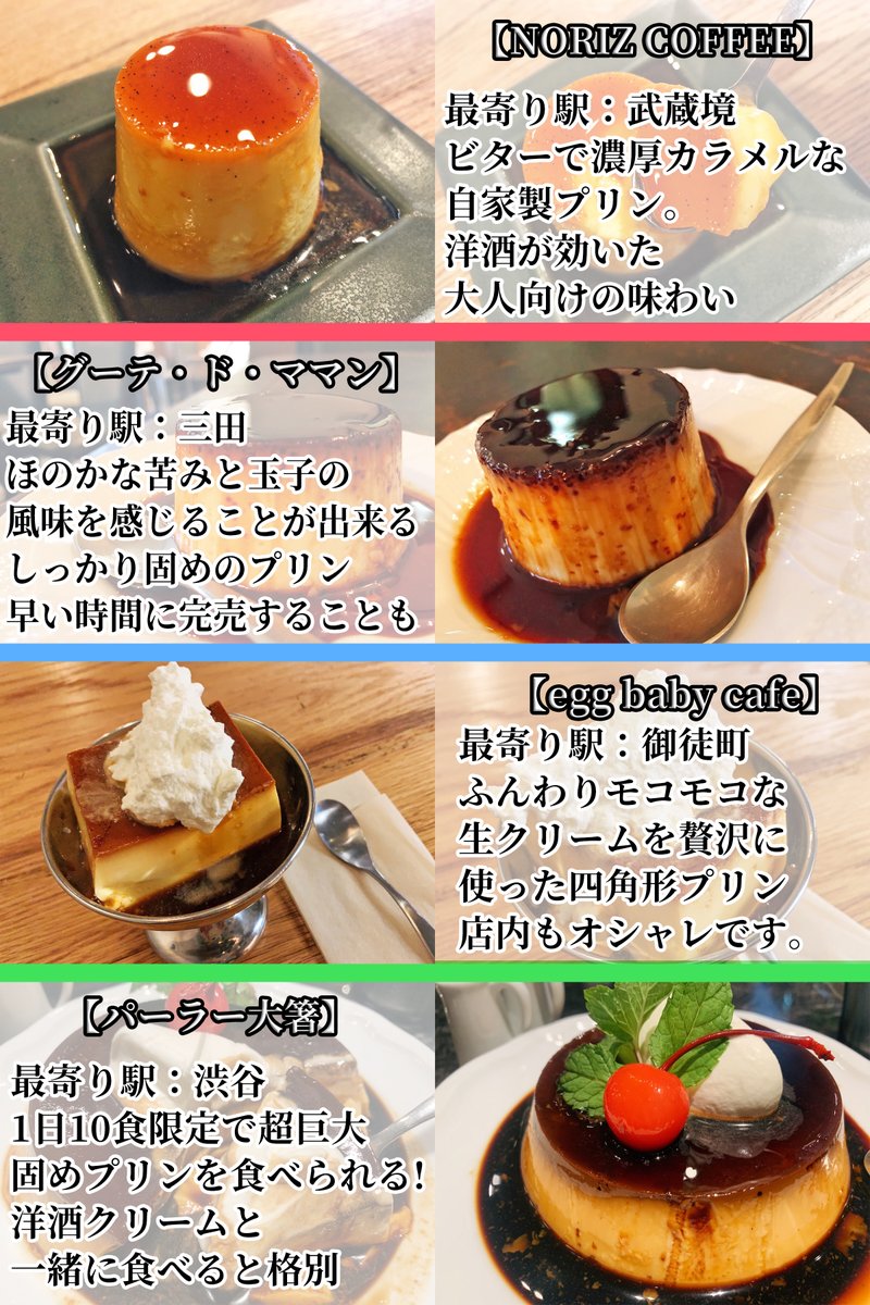   前にもプリンまとめを投稿したんですが、今回は掲載店舗数を増やして全16店舗載せてます