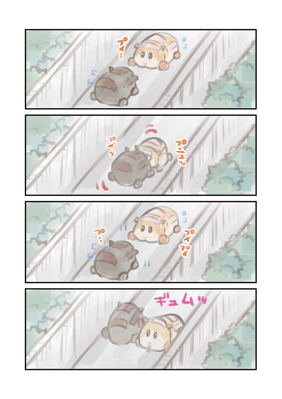 頑張ればすれ違えそうな狭い道でお見合いするモルカー 