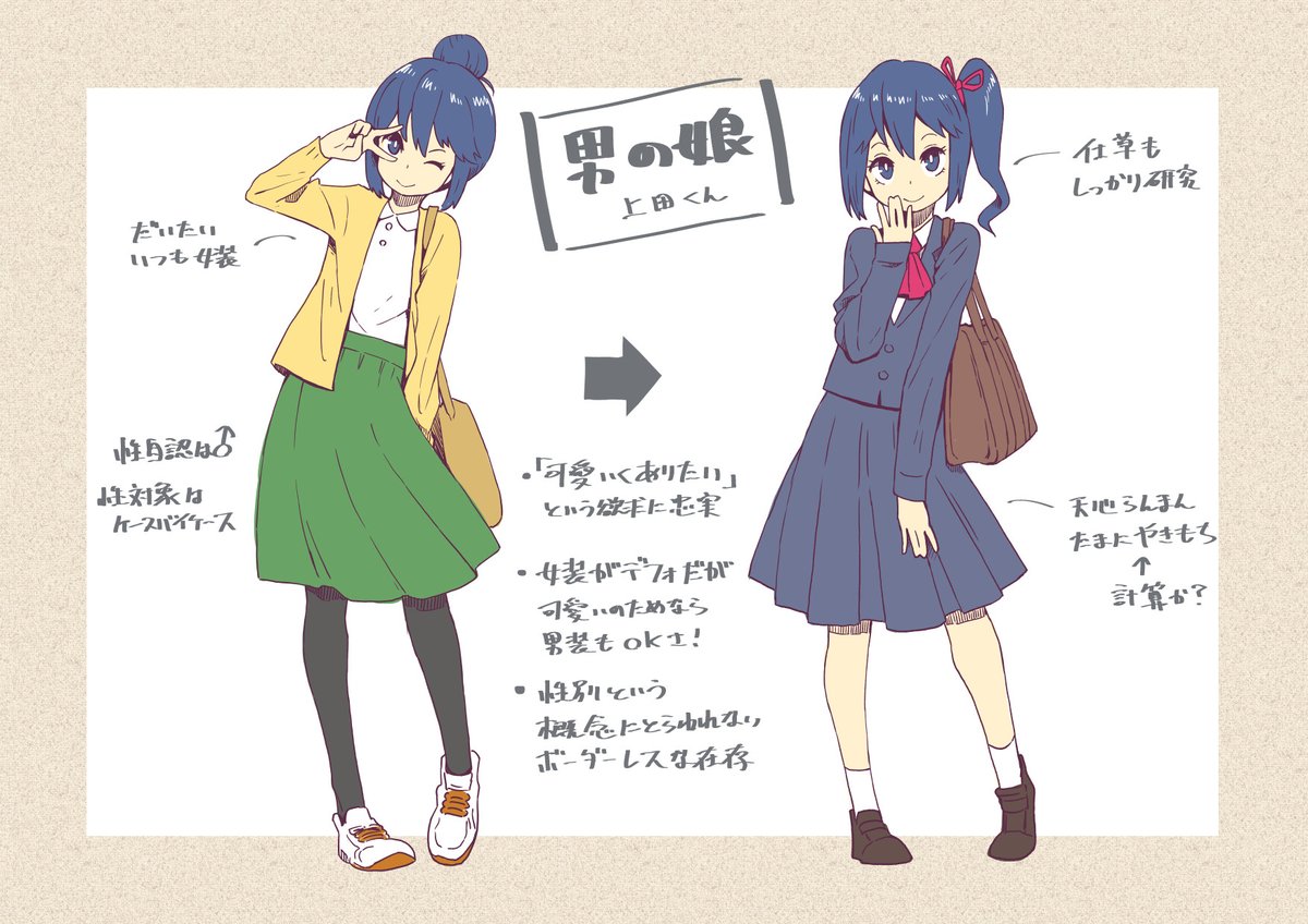 ちょっと前に女装男子と男の娘の違いがわからない的なツイートを見かけたので、うちの子で分類してみた