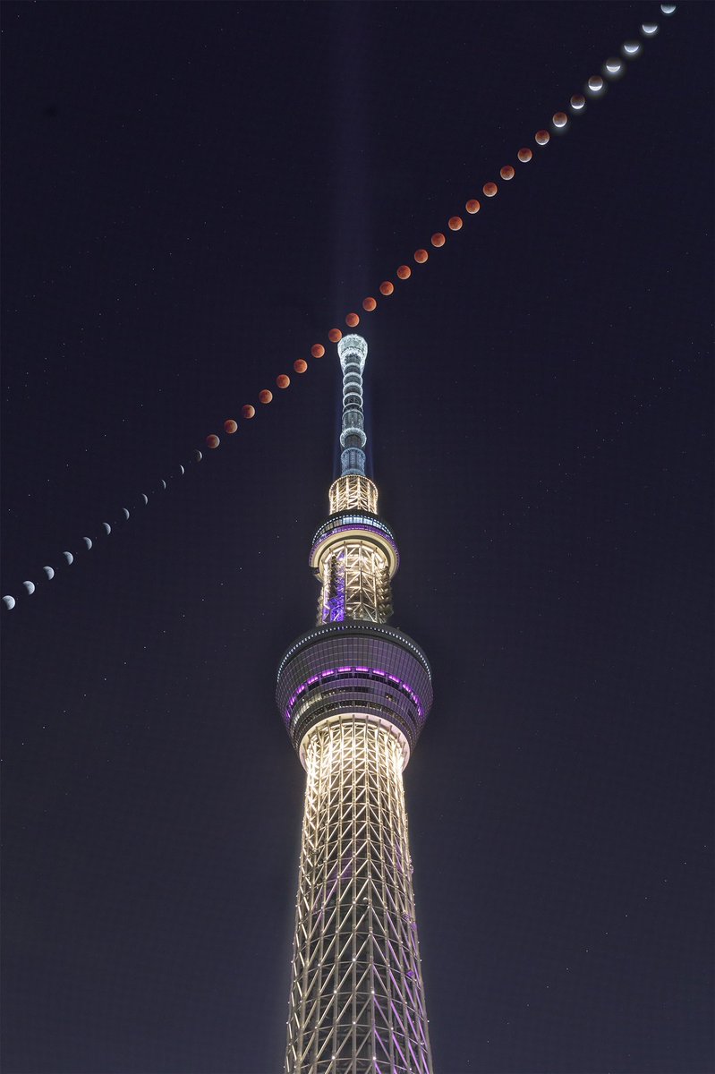 皆既月食とスカイツリー（インターバル撮影） 