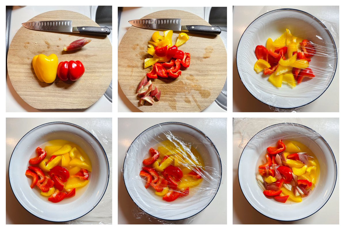 美味しいピクルスって1時間ちょいで出来るんだなっていう発見があった🫑 ①パプリカを乱切りにする ②ふんわりラップして600wで1分チン ③ほんだし小さじ1/2、水100ml、砂糖小さじ1、塩小さじ1/2、酢50mlを加えて混ぜる ④更に600wで3分チン ⑤粗熱取れたら冷蔵庫で1h 酢物好きな夫のお墨付き💮 