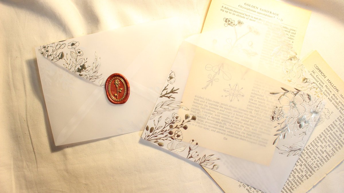 フォロワーさんもれなくセリアに走ってほしいんだけど、トレペ素材で植物柄が箔押しされた封筒が8枚100円だった………ゴールドとピンクゴールドの2色あったのでどっちも買った…めっちゃ可愛いよ……めっちゃ可愛い…… 