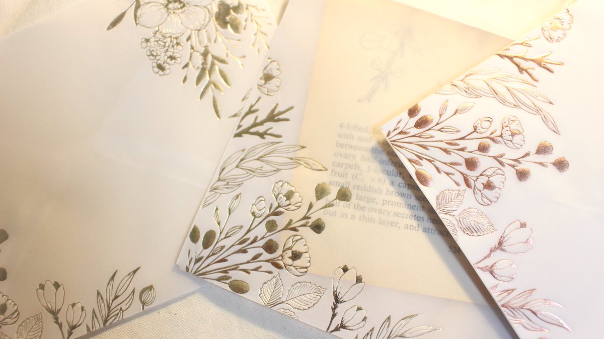 フォロワーさんもれなくセリアに走ってほしいんだけど、トレペ素材で植物柄が箔押しされた封筒が8枚100円だった………ゴールドとピンクゴールドの2色あったのでどっちも買った…めっちゃ可愛いよ……めっちゃ可愛い…… 