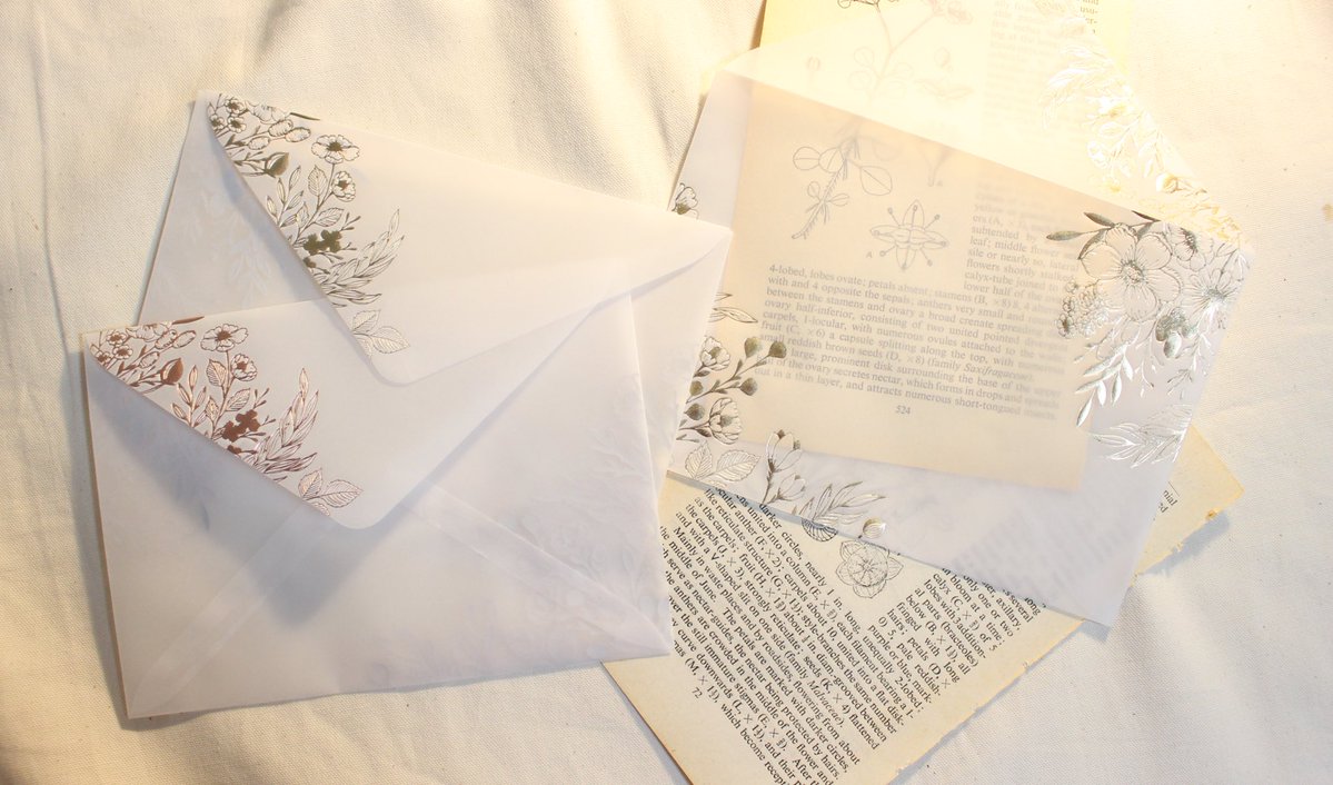 フォロワーさんもれなくセリアに走ってほしいんだけど、トレペ素材で植物柄が箔押しされた封筒が8枚100円だった………ゴールドとピンクゴールドの2色あったのでどっちも買った…めっちゃ可愛いよ……めっちゃ可愛い…… 