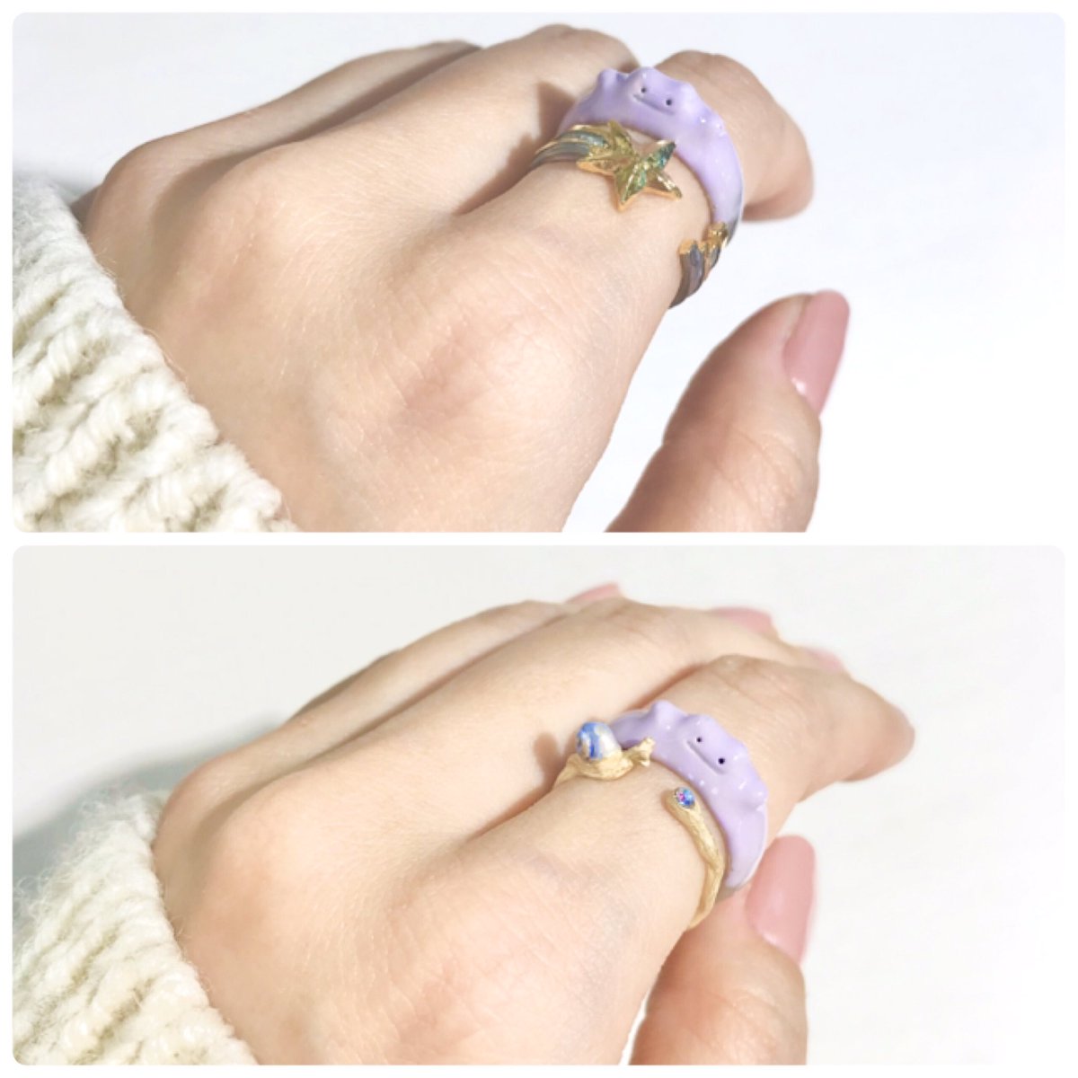 新宿ルミネエスト店6F  …とメタモン  木の実に隠れるメタモン ネモフィラ畑とメタモン つかまれるメタモン お花見中メタモン 流れ星に乗るメタモン かたつむりと一緒🐌のメタモン  メタモンリング¥2900+tax 好評発売中です♡ 