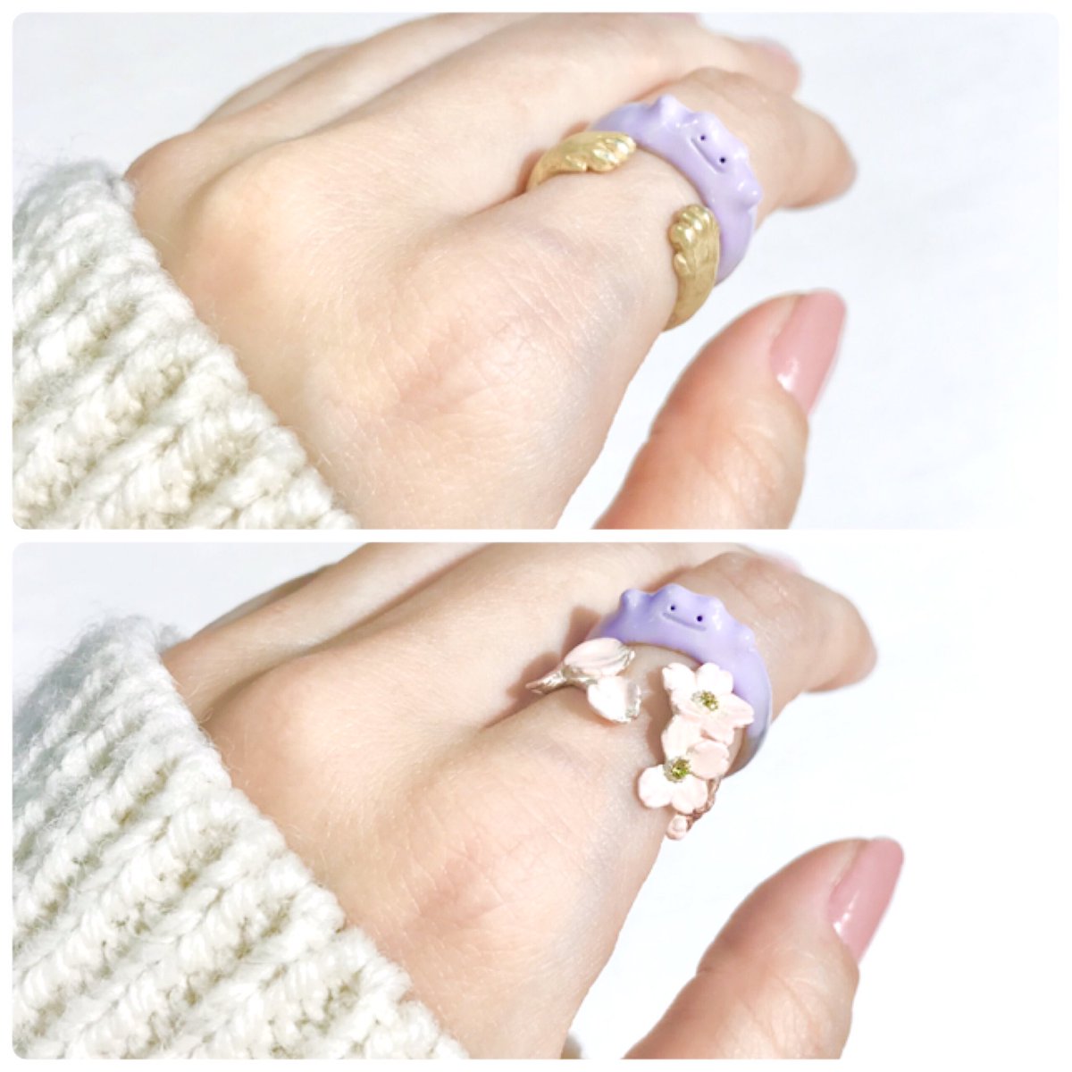 新宿ルミネエスト店6F  …とメタモン  木の実に隠れるメタモン ネモフィラ畑とメタモン つかまれるメタモン お花見中メタモン 流れ星に乗るメタモン かたつむりと一緒🐌のメタモン  メタモンリング¥2900+tax 好評発売中です♡ 