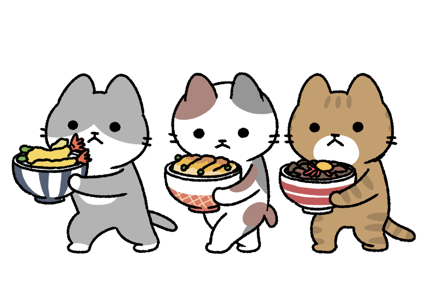 夜食に丼をもってくる猫 