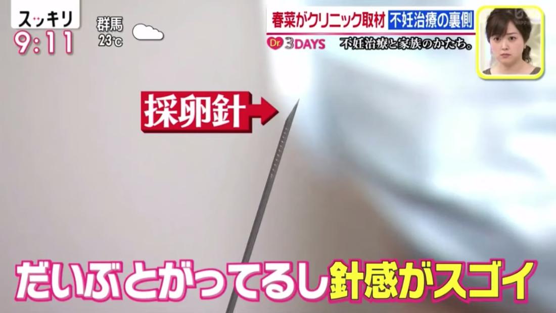 採卵針を見た春菜ちゃん ・意外と軽い、ただ自分に入ってくると思ったらだいぶ尖っているし針感がスゴイ  #スッキリ #不妊治療 ------ 針の長さは約30cm  世の旦那さん...見てますか...これが膣の中に入ってくるのですよ... 世の上司達...見てますか...これを刺した後会社に駆けつけているのですよ... 