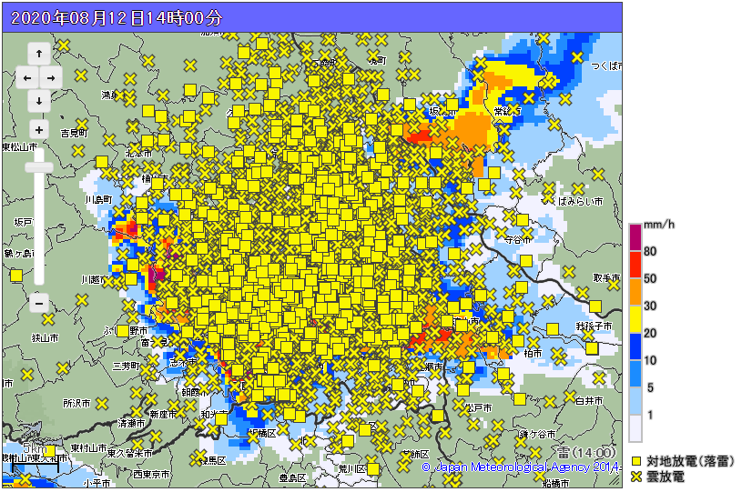 地図中の■マークが「落雷」を表しているんですが、もはやどこがどこだかわからないほど…