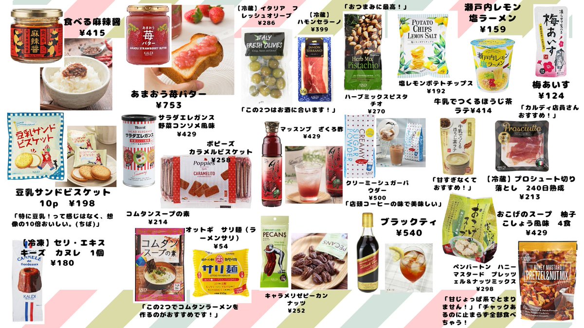 フォロワーさんに教えて頂いたおすすめのおいしいやつ、まとめてみました^^ 気になるやつ多すぎてカルディ破産しそう、、 ちなみに4枚目は余っちゃったのでほとんど私のおすすめ品です(^q^)