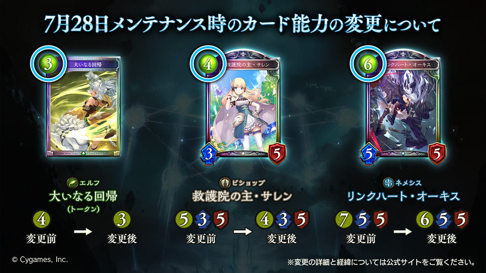#シャドウバース 7月28日のメンテナンス時に「回帰する抱擁・ラティカ」「大いなる回帰」「救護院の主・サレン」「リンクハート・オーキス」のカード能力を変更いたします