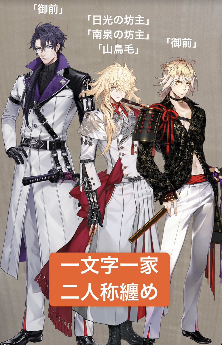 公式から一文字一家の祖、則宗じじいの情報解禁されたようなので、前フリートに載せてた一文字一家現時点での身長差、立場、二人称比較もう一度貼っておこう