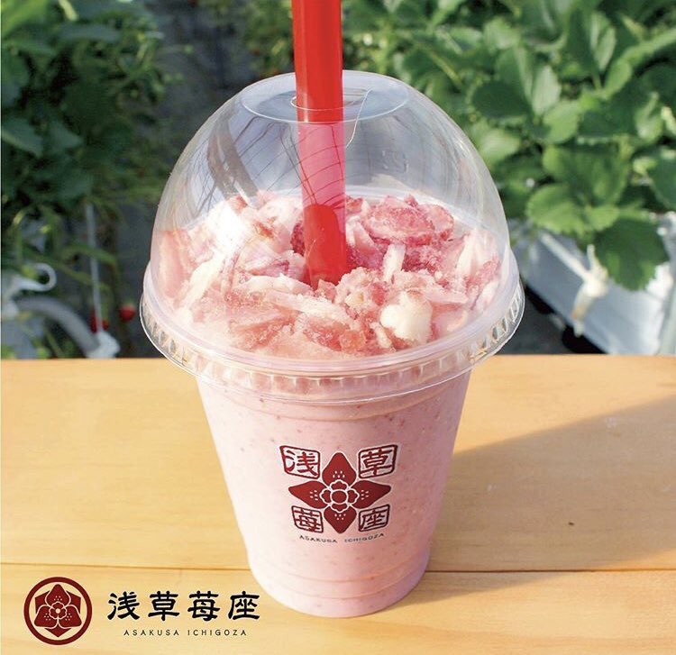 東京都浅草にあるお店「浅草苺座」の、1杯に完熟苺16個分を入れた「苺スムージー」と、凍らせた「厳選とちおとめ」を削り特製ジャムをかけた「苺座ガリ乙女」✨ 