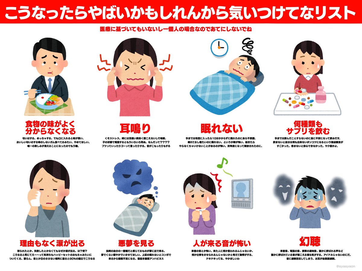 卒業して社会に羽ばたく後輩氏にメンタル爆死時期の状態一覧作ったんでこちらにも投げ…キモイとかメンタル弱過ぎwwwとか言われそうだけどこうなる場合があるからこれから新生活迎える皆は気を付けてな…………