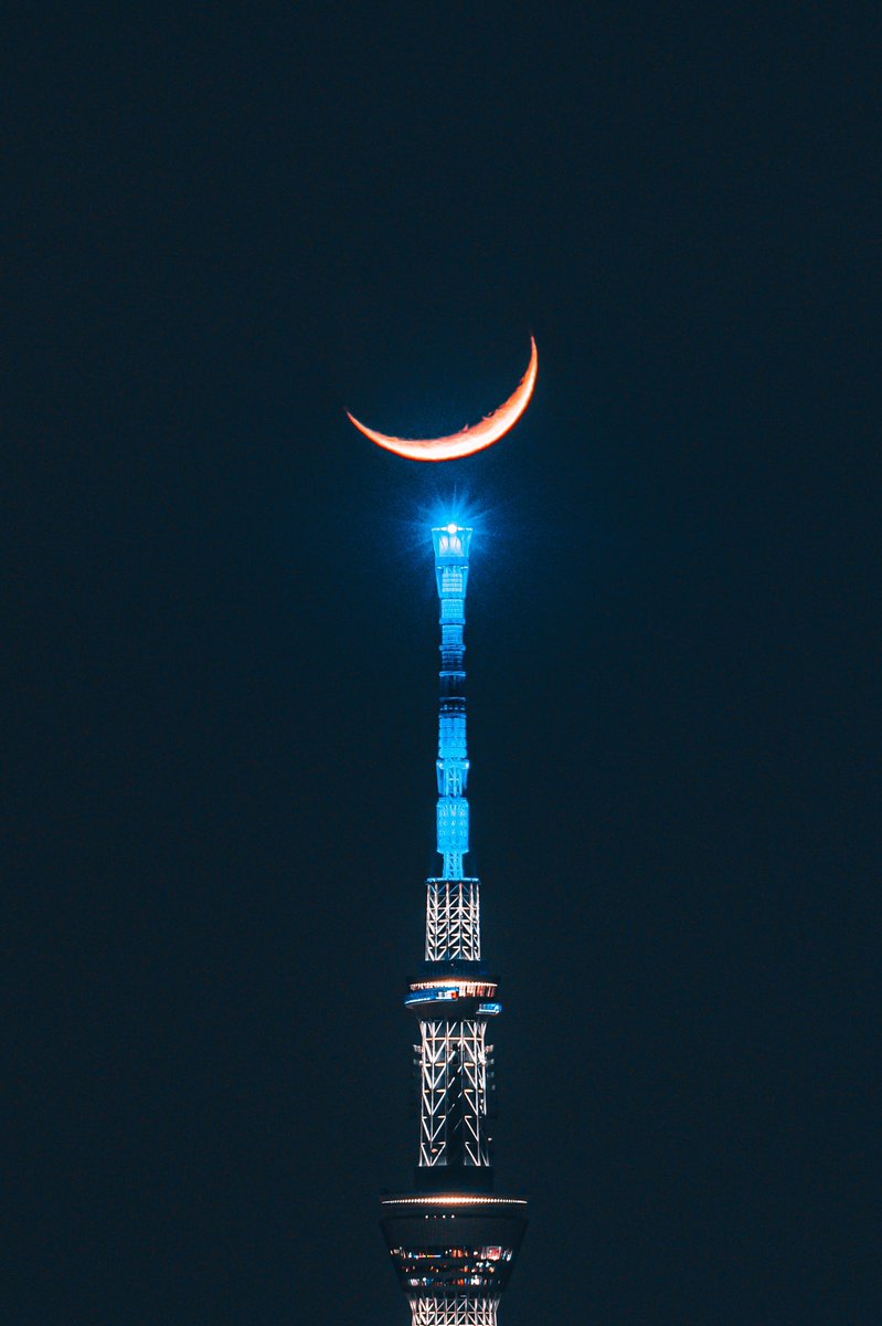 スカイツリー頂上に咲く三日月が美しい。 