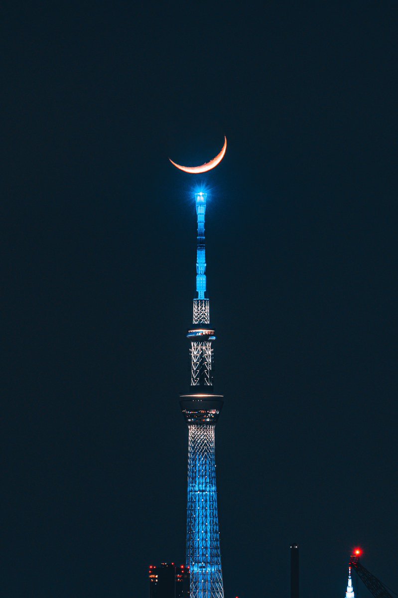 スカイツリー頂上に咲く三日月が美しい。 