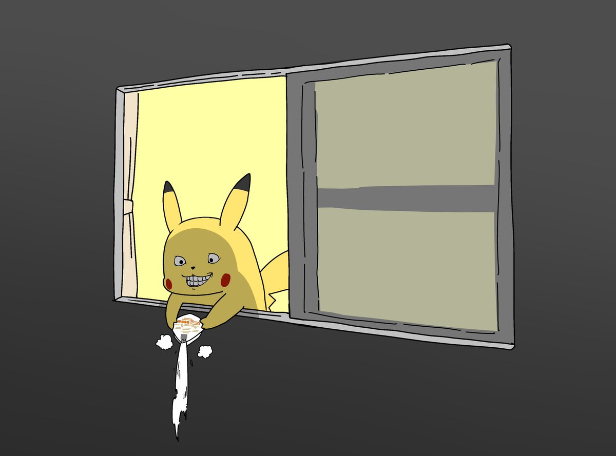 部屋の窓からカップ焼きそばの湯切りをするピカチュウ 