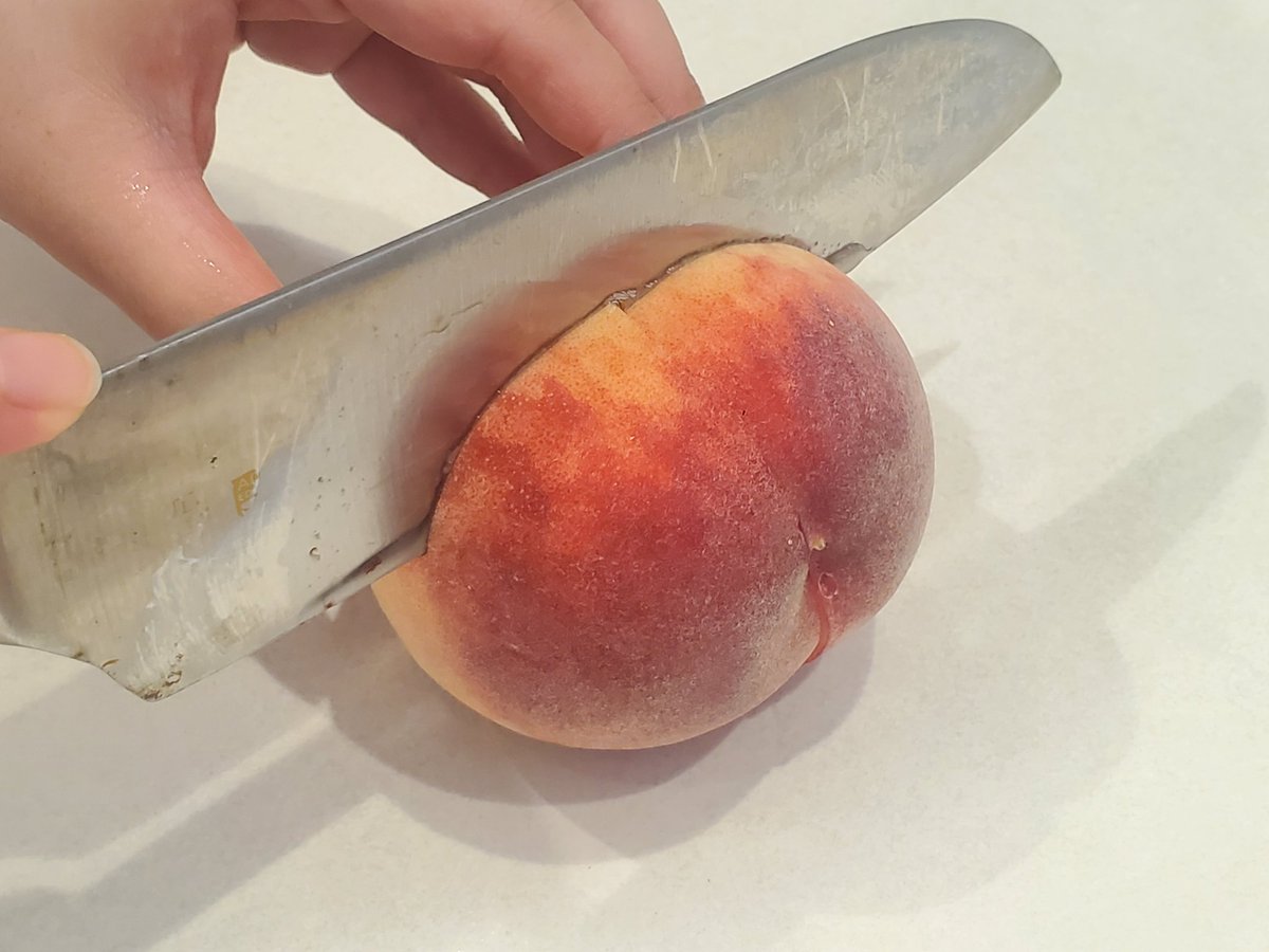 桃をムダなく簡単に食べる方法 ①お尻に沿ってクルッとカット ②カットした線に対し垂直にカット ③実の上と下を持ってねじる ④種を取る ⑤縦長にカット(りんごのように) 端からゆっくり皮をとれば完成