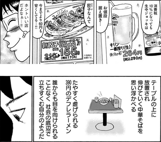 『こづかい万歳』と『鬱ごはん』の比較 同じ日高屋という店を描いているのに、見え方がまったく違っています 