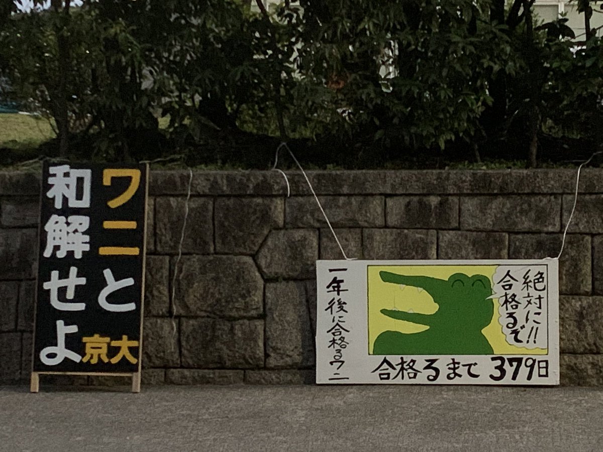 今年もいろいろ出ていますがこれが一番好きですね  「一年後に合格るワニ」  #京大立て看 #京大入試2020 
