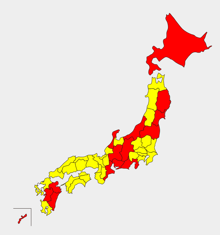 あまり知られていませんが『キユーピー3分クッキング』には東京版と名古屋版があり、佐賀県を除く全国46都道府県のうち地図上の赤の地域では名古屋版が、黄色の地域では東京版が放送されています