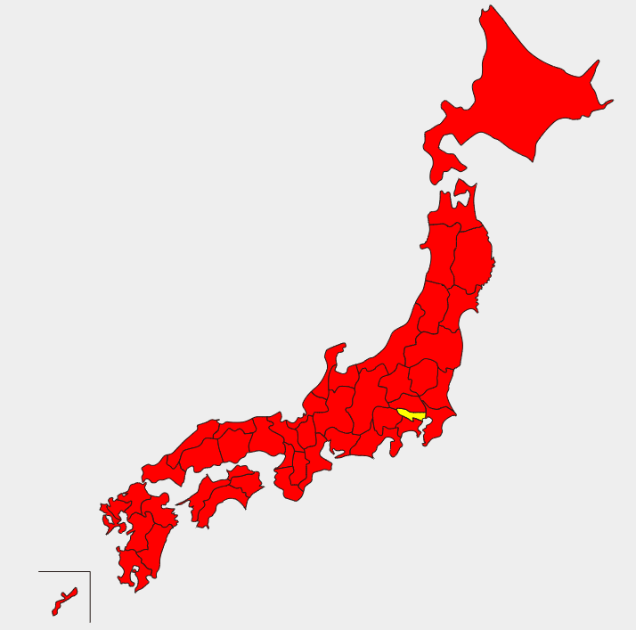 図中の赤の地域ではすき家が、黄色の地域では松屋が優勢です