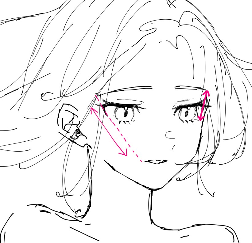 これは豆知識なんですけど、 メイクと一緒で口、目尻、眉毛が一直線になるように意識して顔のパーツを描くとバランスが良くなって綺麗なお顔になりますよ