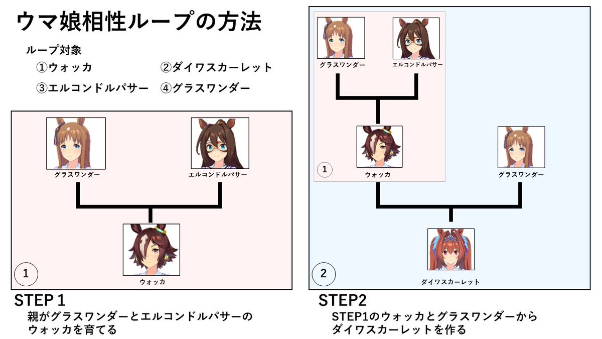 ウマ娘のループ継承が楽しくて抜け出せないｗ  初心者の方はとりあえず、ウォッカ→グラスワンダー→ダイワスカーレット→エルコンドルパサーの流れで何周かするのがおすすめ  #ウマ娘　#ループ継承 