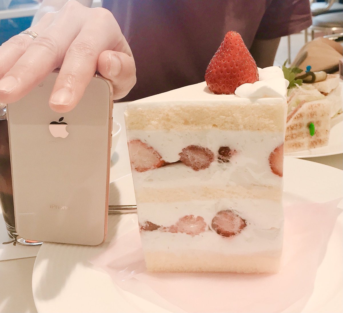 ごはんよりケーキ大好きの同志にぜひお伝えしたいんだけど新宿高野のダブルショートケーキ、このメニューの写真からまったく伝わってこないけど実はiPhoneより高さあるから 