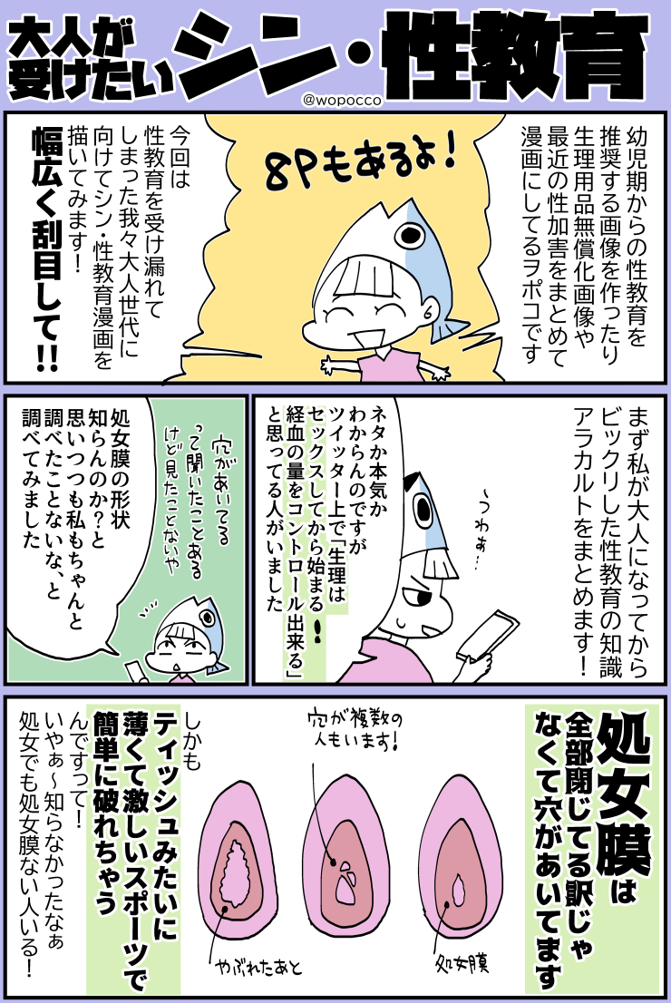 あまりにも性教育の敗北を感じることが多いので大人に向けたシン・性教育漫画を描きました  処女膜の形、生理用品の価格、エロと現実との区別、性交同意年齢が13歳について、子どもに向かう性欲は暴力になるという話など  性加害のまとめ画像はブログにあります   #ヲポコめも 