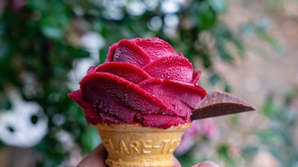 これは、近年来場者数が半減した山形県のあつみ温泉街にあるバラ園がかつての賑わいを取り戻そうと開発した薔薇型のアイス  すごく綺麗なのにあまり知られていないので是非知ってほしいです... 