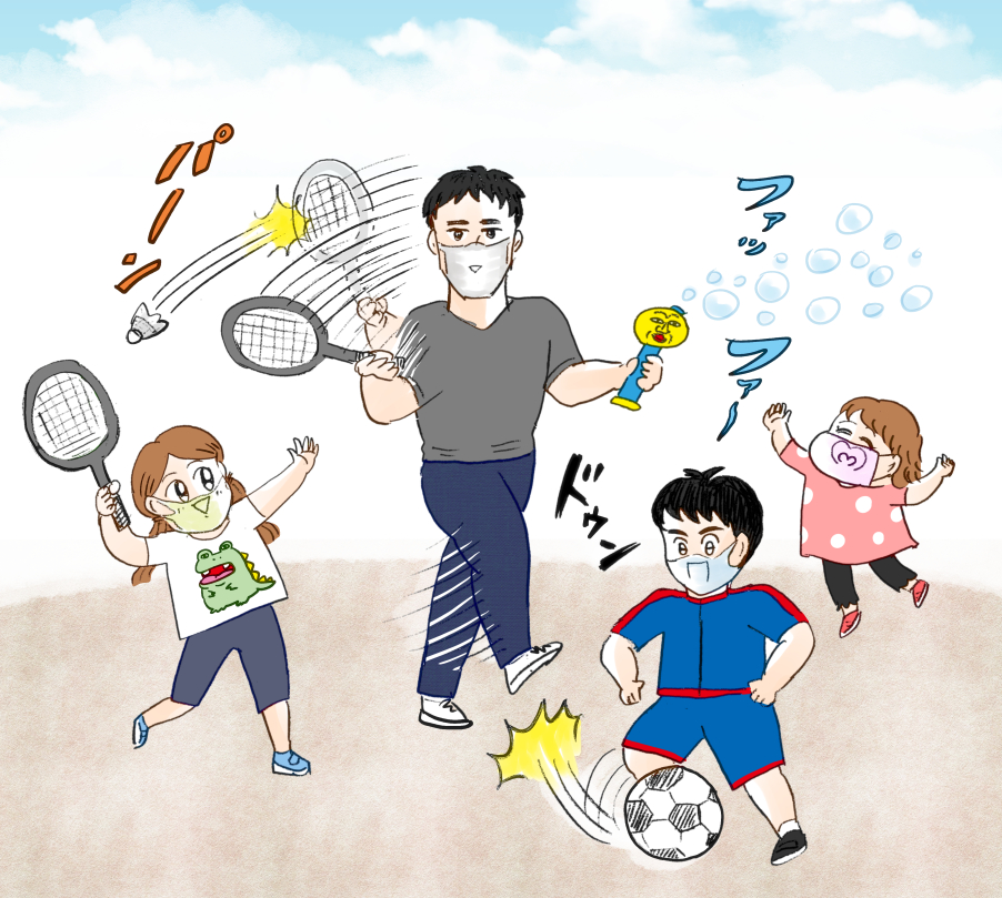 公園で見かけた、マルチタスクなお父さん 