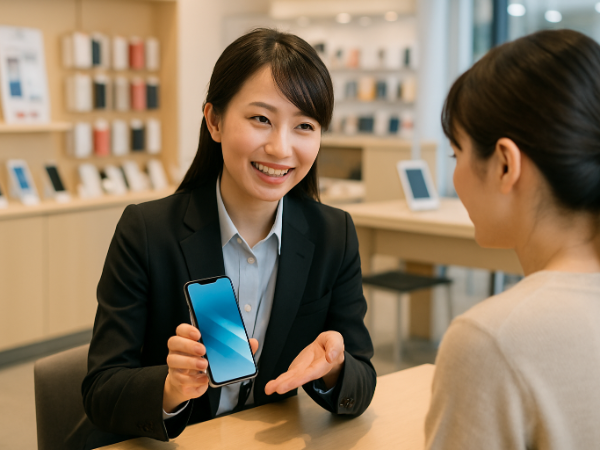 通信サービスの案内と接客を行う販売スタッフ