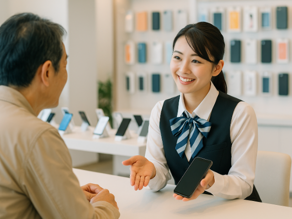 通信サービスの受付と案内を行う販売スタッフ