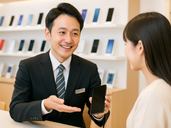 通信サービスの受付と案内を行う販売スタッフ