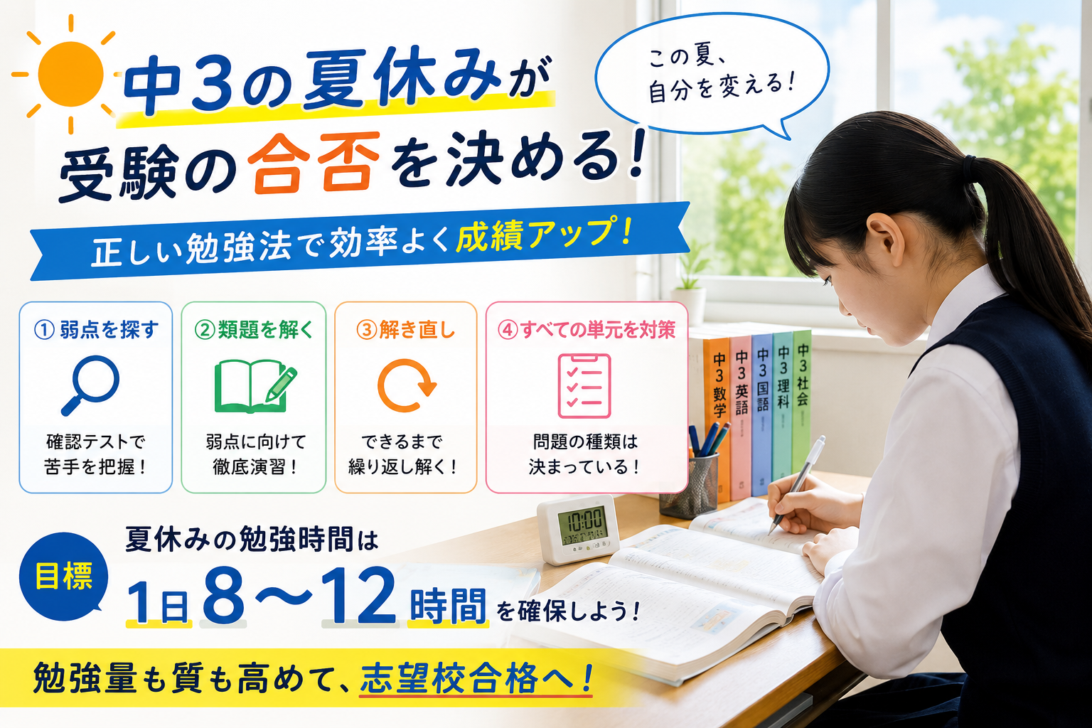 【中学3年生】夏休みは何をどれくらい勉強すればいい?成績が伸びる勉強法をお伝えします!