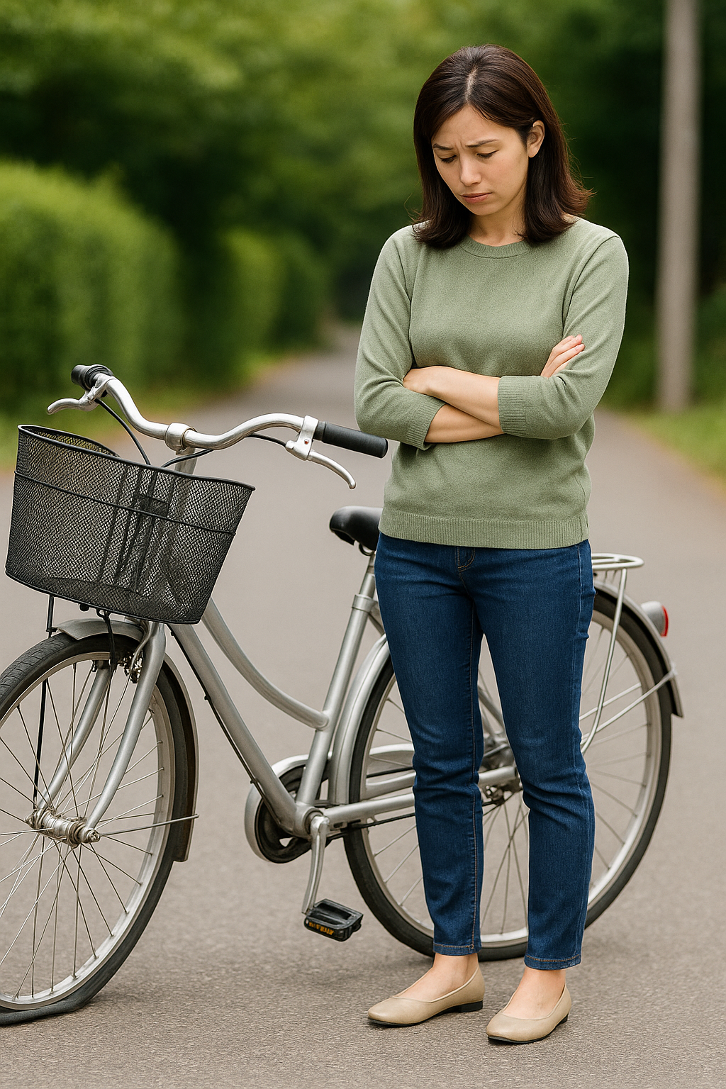 自転車がパンクしてして困っている人の画像