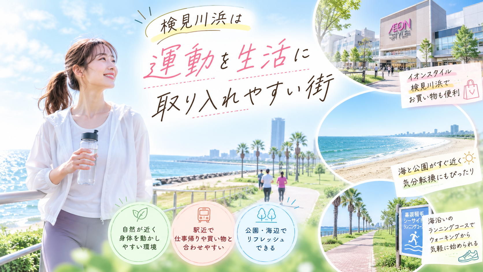 検見川浜の海辺や公園、買い物施設の近くでウォーキングやランニングを生活に取り入れる女性
